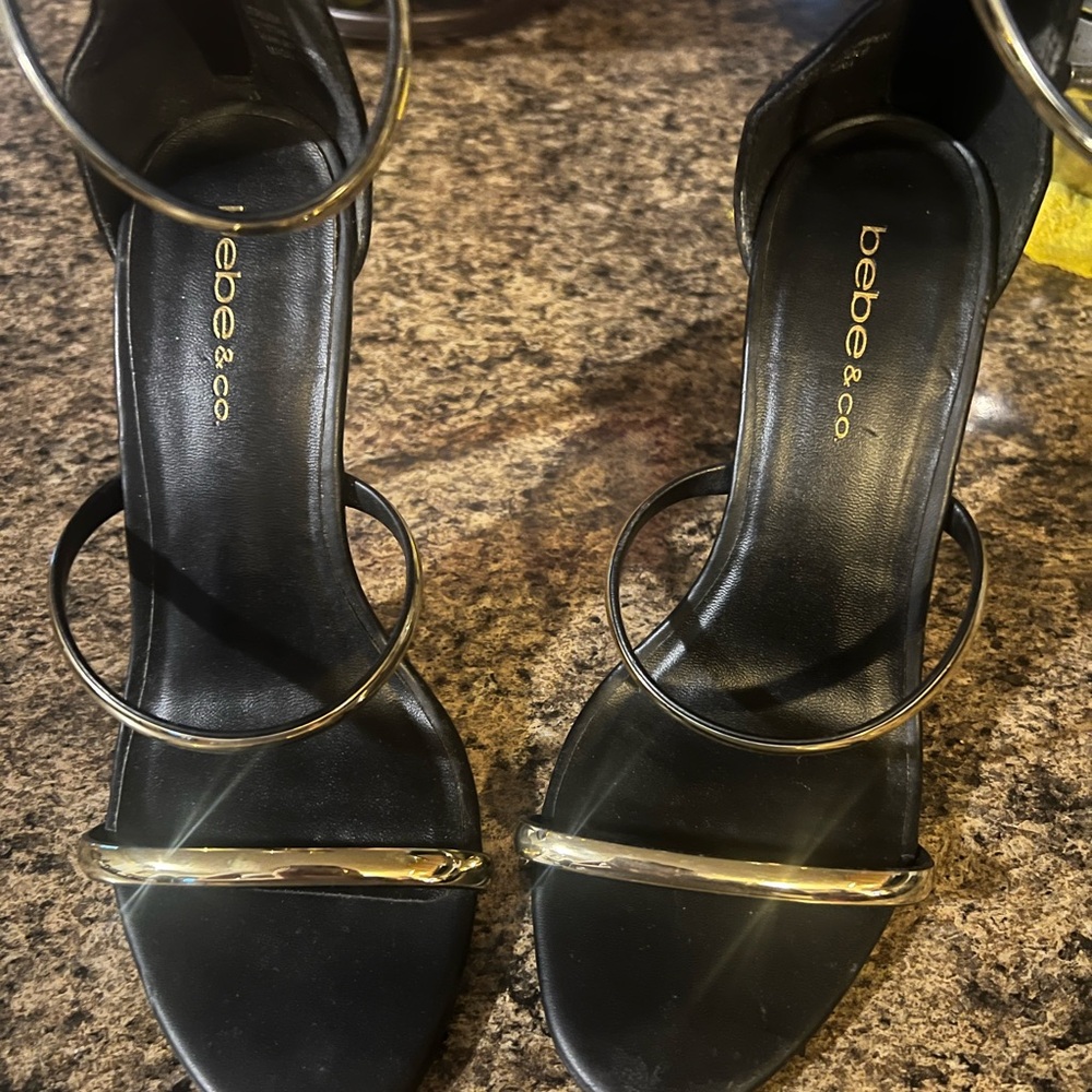 bebe Black Metallic Strappy Heels